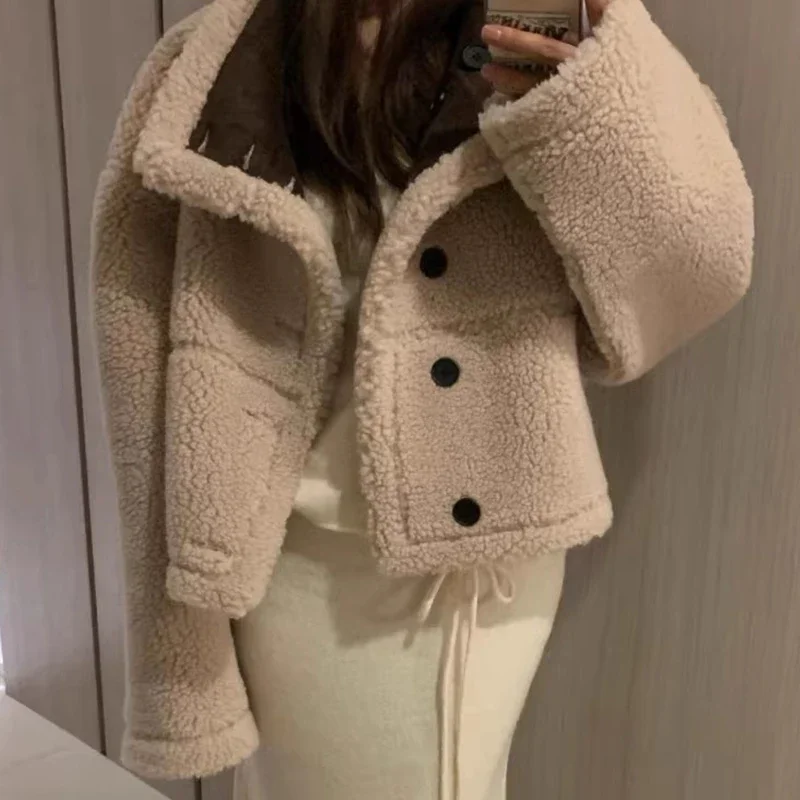 2 Ways Wear Women 2024 Outerwears  Lambswool Jacket Loose Long Sleeve Chaquetas Mujer All-match Jackets Autumn Winter Coats