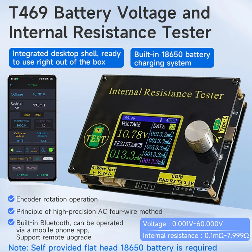 Testeur de tension et de résistance interne de batterie haute précision T469 DC 5V, méthode 4 fils AC, application à distance, système de charge de batterie 18650