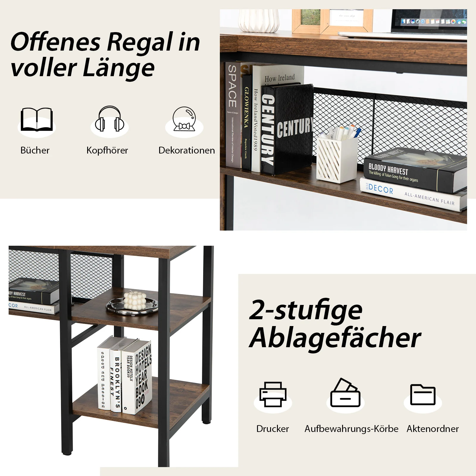 Desk L shape, corner desk with full length shelf and 2-tier side shelves, corner table, computer table, office table