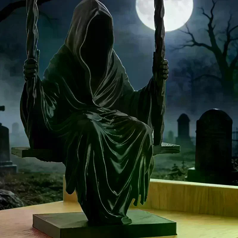 Swing Grim Reaper Statue Resin Black Hooded Miniature Figurine Halloween Desktop Gothic Decor