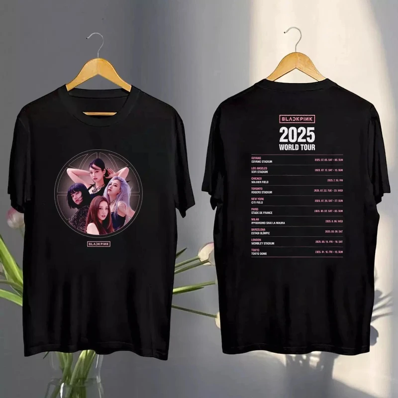 تي شيرت أمريكي ريترو أسود وردي جولة حول العالم 2025 تي شيرت صيفي جديد موضة ريترو للرجال والنساء ملابس الشارع