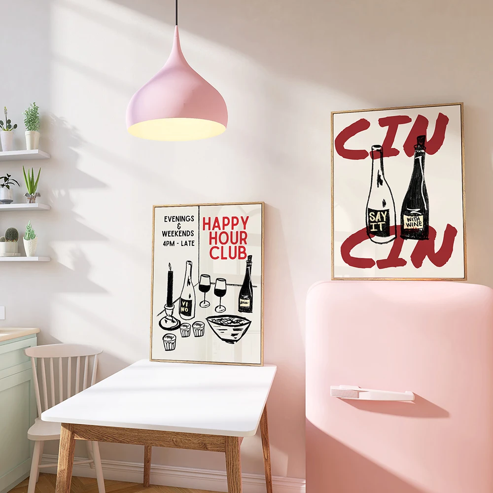 Vintage Alcohol Drinks Red Wine Abstract Poster and Print Cin Cin Wine Wall Art Canvas Pictures Kitchen Bar Cart Home Decoration