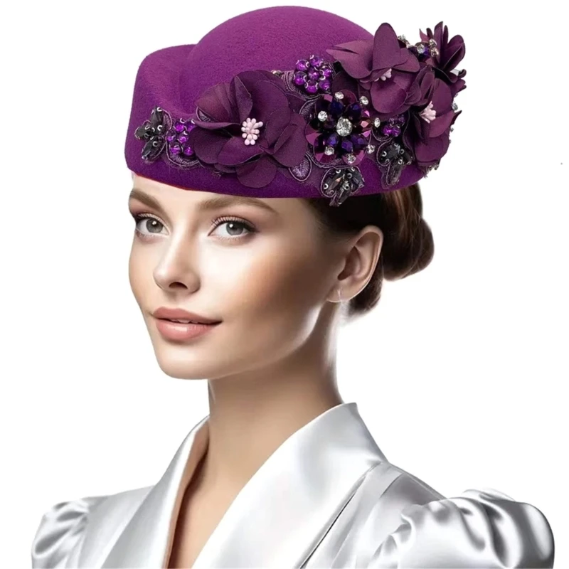 Vintage Felt Turban Hat For Women Church Fascinator With Flower Ladies Soft Caps For party Airline Stewardess Hat