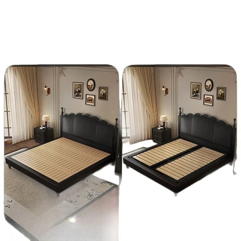 

French retro style leather small apartment master bedroom double soft bag medium ancient style solid wood petal bed