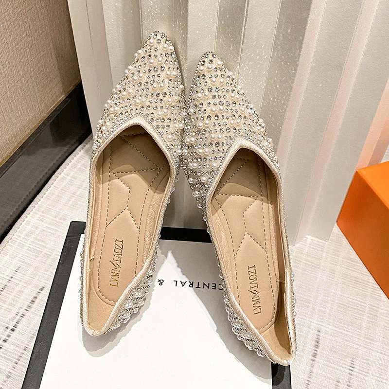 Dames Platte Schoenen Abrikoos Ballet Flats Voor Vrouwen Zapatos Planos De Mujer Puntige Neus Parel Kristal Elegante Vrouwelijke Loafers Wsh4861