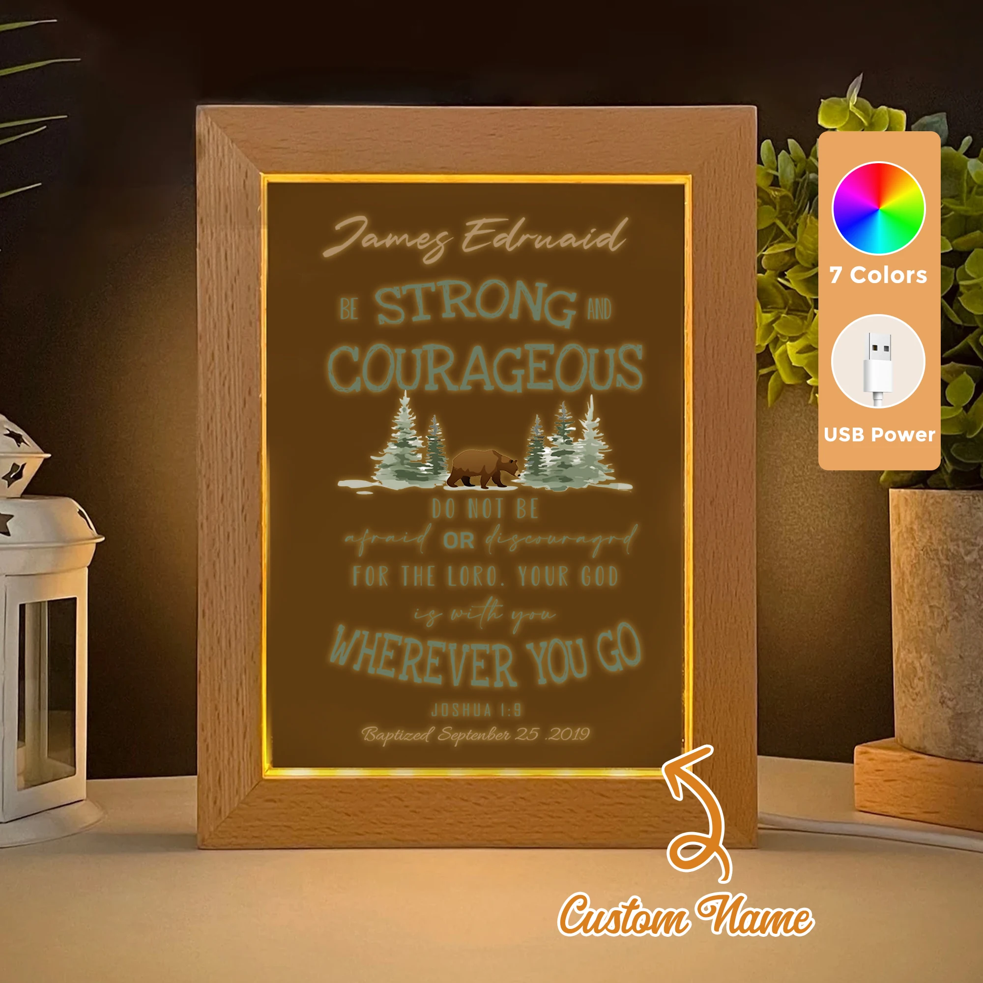 

2D Flat Custom Name Christianity JOSHUA 1:9 LED Acrylic Night Light Wood Photo Frame 21x17cm Family Bedroom Gifts Home Decor