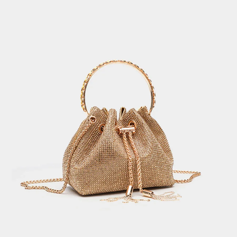 

Rhinestones Diamond Evening Clutch Luxury Tassel Design Metal Ring Women Handbag Wedding Party Bling Bucket Purse Shoulder Bags