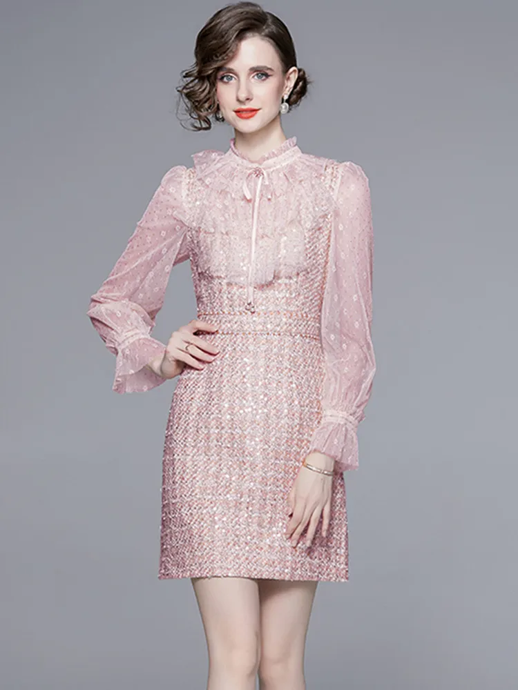 Luxury Celebrity Temperament Tweed Dresses Women Stand Collar Flare Long Sleeve High Waist Patchwork Mesh Sequin Woolen Dress
