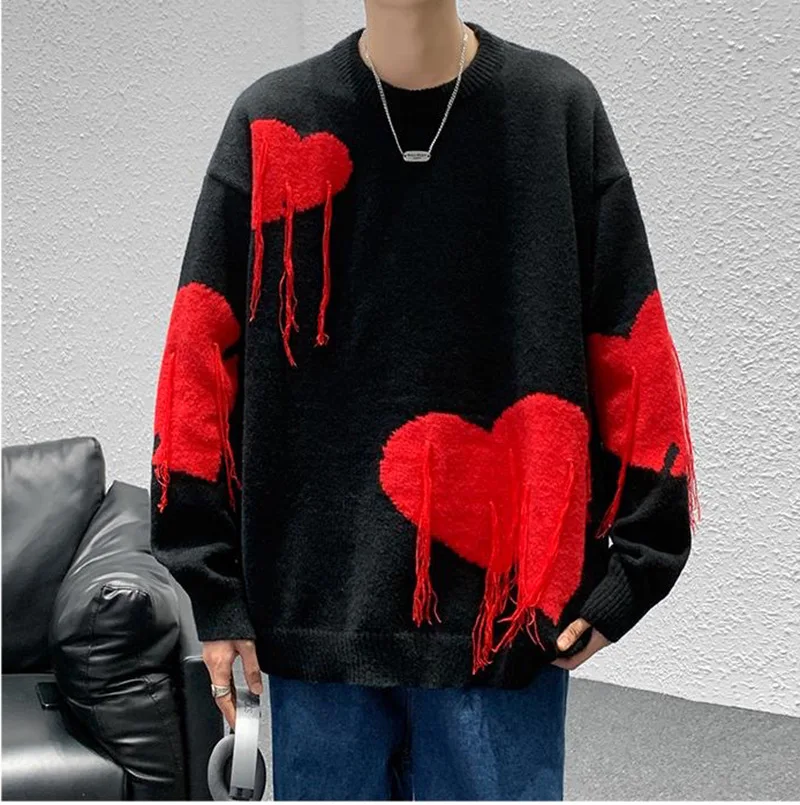 Women\'s Vintage Heart-shaped Sweater, Loose Pullover, Korean Fashion, Gothic Street Knitted Tops, Couple, Y2K, Autumn and Winter