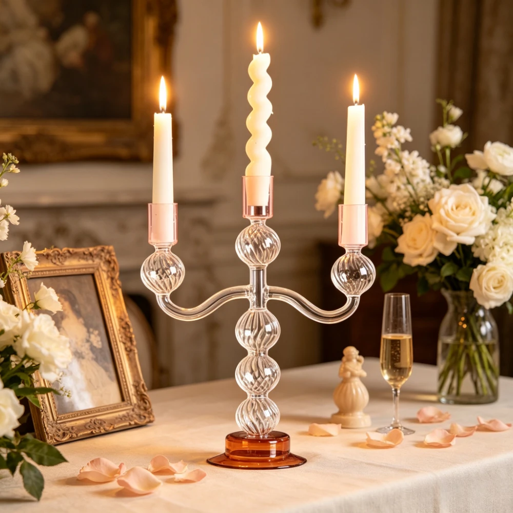 French Vintage Glass Candlestick Holder 3 Heads Taper Candle Stand Romantic Wedding Reception Table Decoration Home Accent