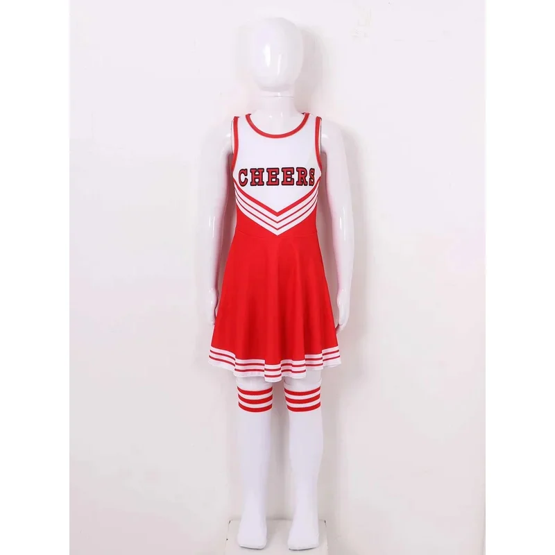 

Униформа черлидинга для девочек, танцевальный костюм без рукавов, детский наряд болельщика, платье с круглым вырезом и буквенным принтом, цветы и носки