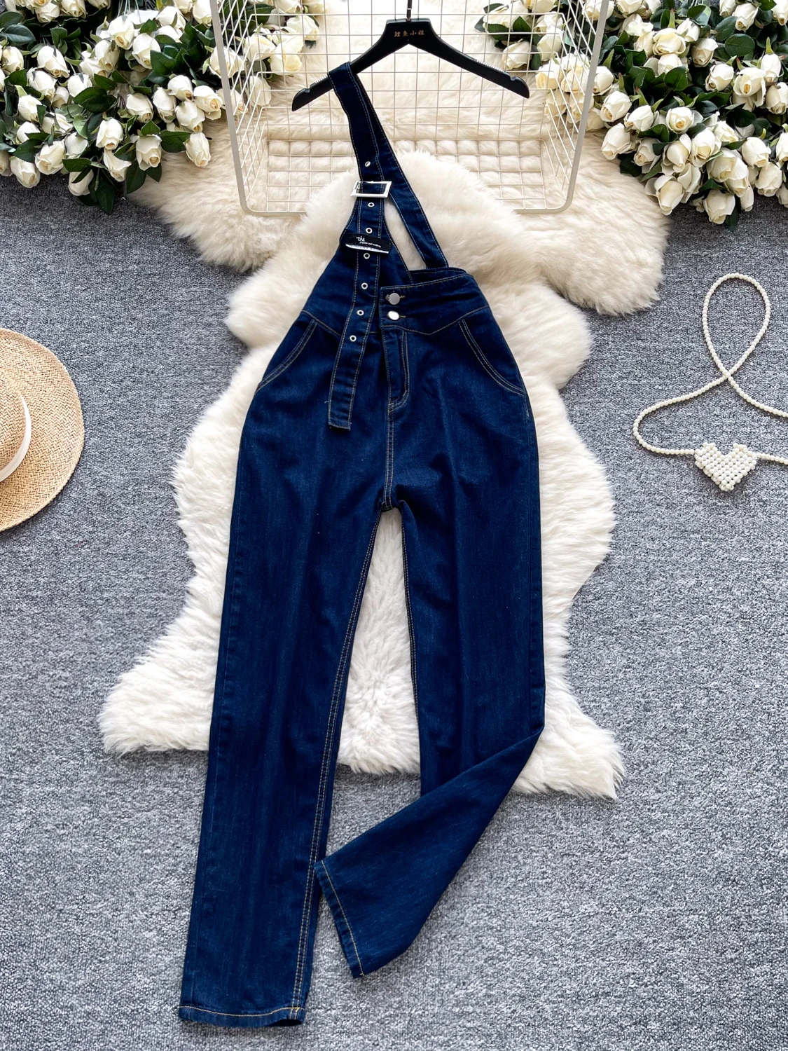 

Retro Sle High Waist Denim Overalls Women's Summer Asymmetrical Slimming Street Sle Hot Girl Pencil Pants Commute Straight