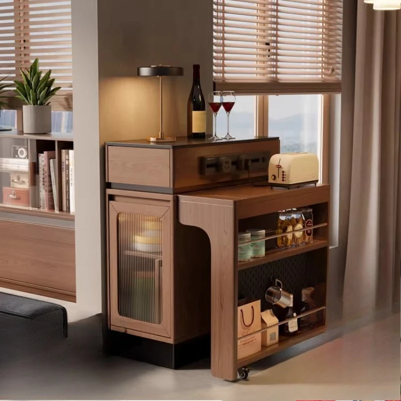 Solid wood island dining table integrated retractable rock slab dining side cabinet multi-functional dining table