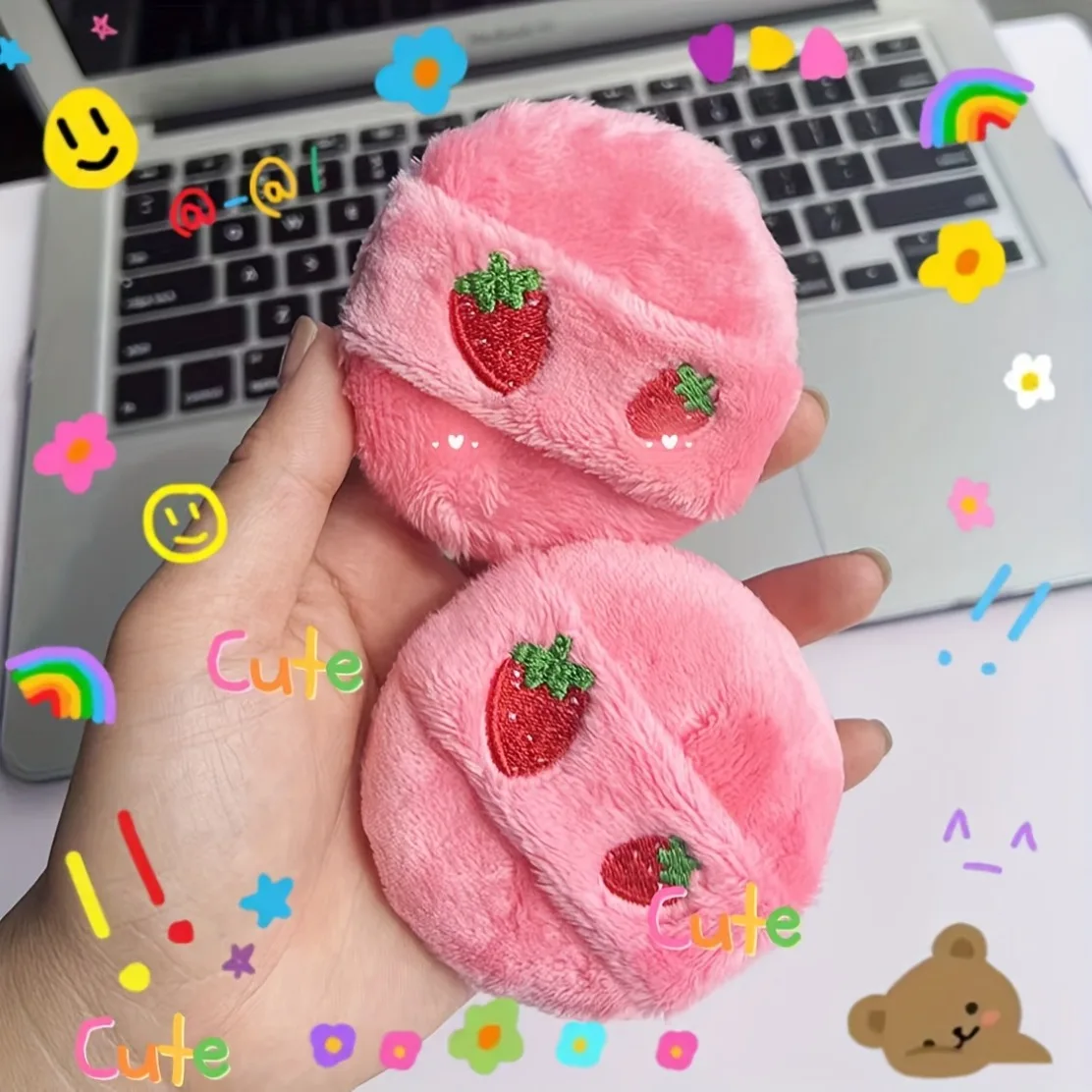 Large Plush Powder Puff Soft Makeup Sponge with Strawberry Embroidery for Setting Powder Face Baking/Oil Control ﻿