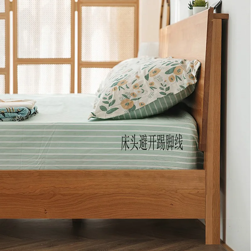 Tempat tidur ganda kayu solid Nordik, kayu walnut hitam modern sederhana, kayu oak mewah ringan, tempat tidur ganda kayu ceri untuk pernikahan