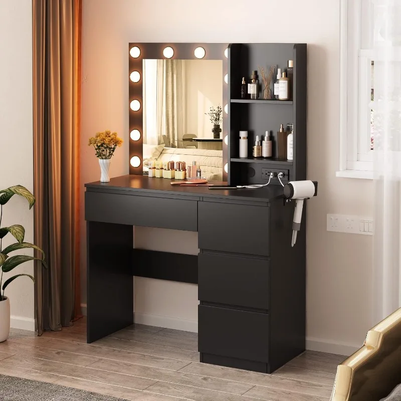 Makeup Vanity with Lights, 37inch Vanity Desk with Power Strip, 4 Drawers Makeup Table with Lighted Mirror, 3 Lighting Colors