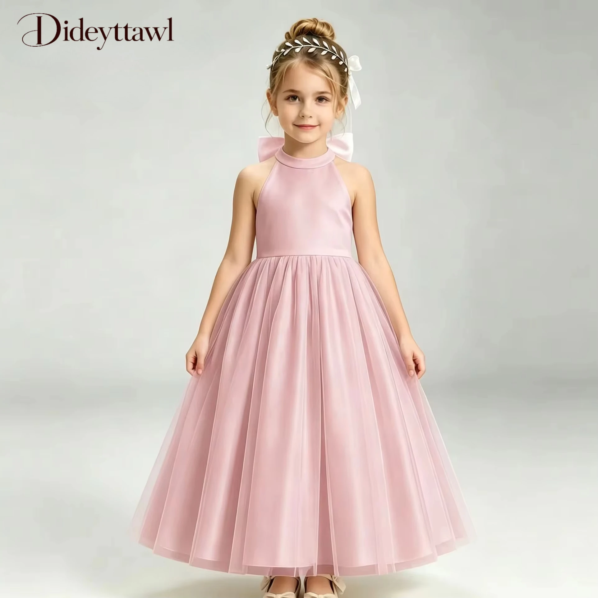Dideyttawl Halter Neck Tulle Long Train Flower Girl Dress Multi Color Available Formal Pageant Gown Big Bow Back Tiered Dress