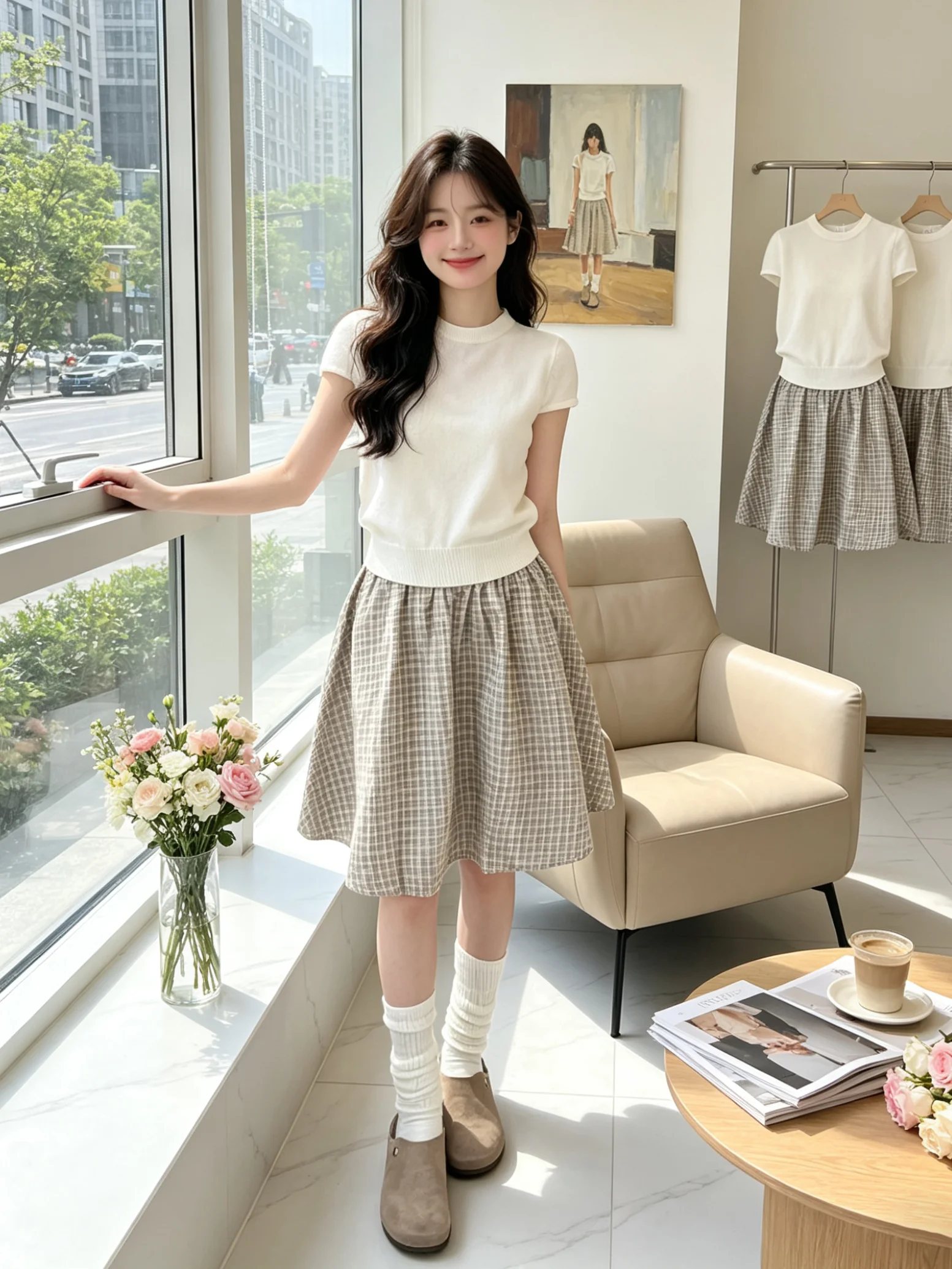 

Summer Sweet Style Knitted round Neck T-Shirt And Skirt Set Women's Fashion Color Block Plaid Half-length Skirt Two-piece Set