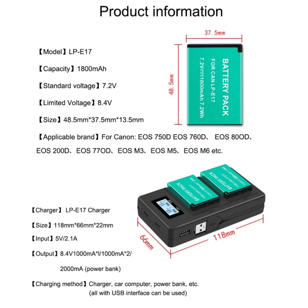 LP-E17 LPE17 Battery For Canon EOS 200D M3 M6 750D 760D T6i T6s 800D 8000D Kiss X8i Cameras LP E17 Battery + LED Dual Charger