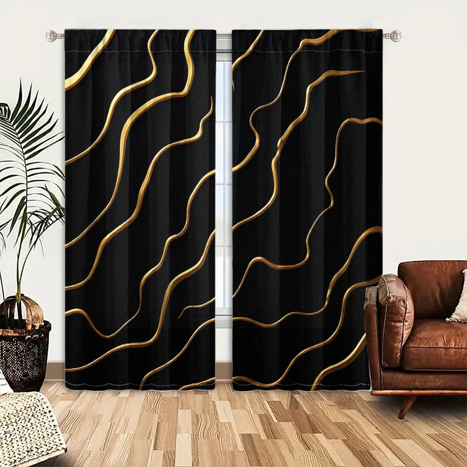 

2pcs Curtains, Modern black background golden lines Pattern Window Drapes for Bedroom Living Room Decorative Window Treatment