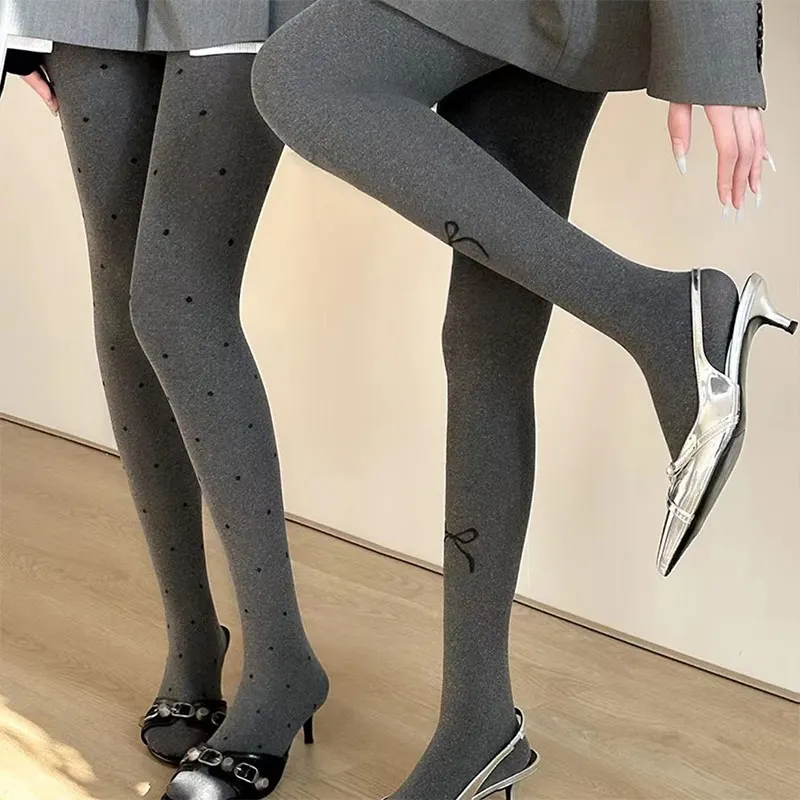 80D Bow Gray Velvet Seamless Pantyhose Winter Bottoming Thick Footed Socks Polka Dot Compression Tights Women Stockings