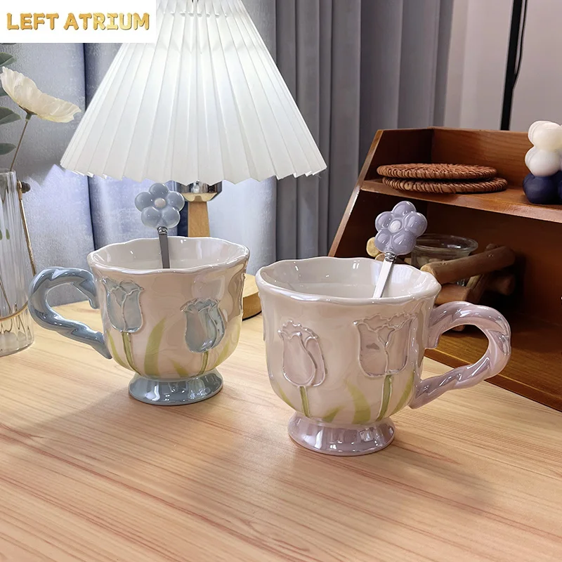 Creative Pearl Color Tulip Water Cups, Ceramic Household Office Items, Porcelain Bring A Spoon Mug, Coffee Milk Cup, 1Pc
