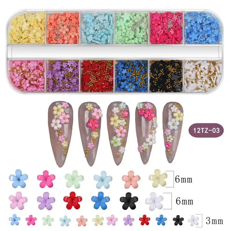 12Grids Acrylic Flower Nail Art Rhinestones Mixed Pearl Gold Silver Beads Nail Charms 3D Flower Nail Art Decor DIY Nail Supplies