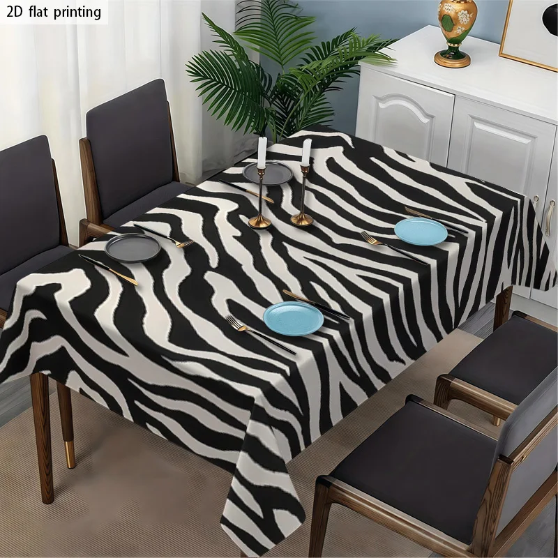 Black White Zebra Print 2D Flat Tablecloth, Soft Machine Washable Table Cover for Dining Desk Cafe, Picnic Camping Home Decor