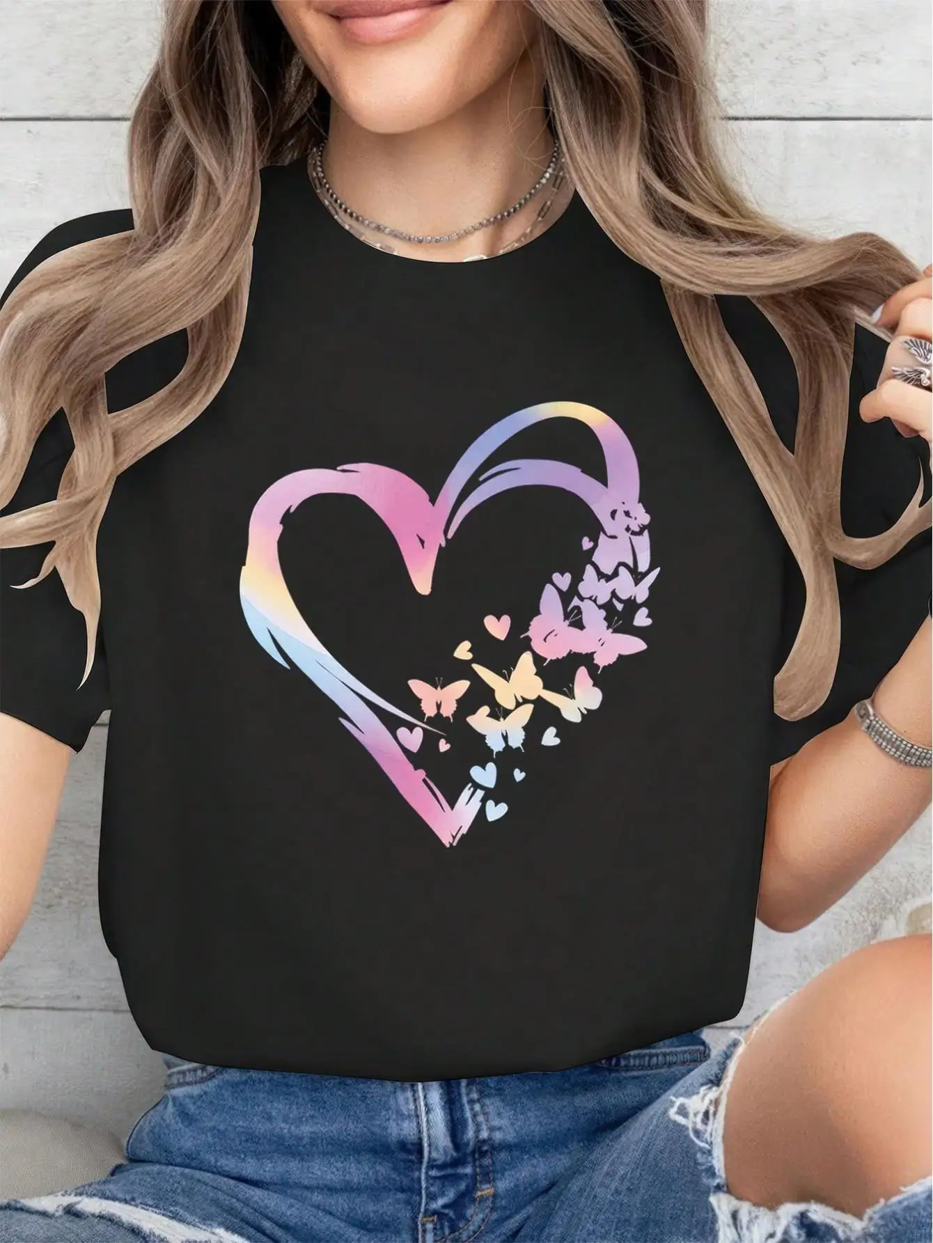 

Повседневная удобная футболка с круглым вырезом и короткими рукавами с принтом сердца, весна-лето, женская одежда в стиле Харадзюку, повседневная с коротким рукавом