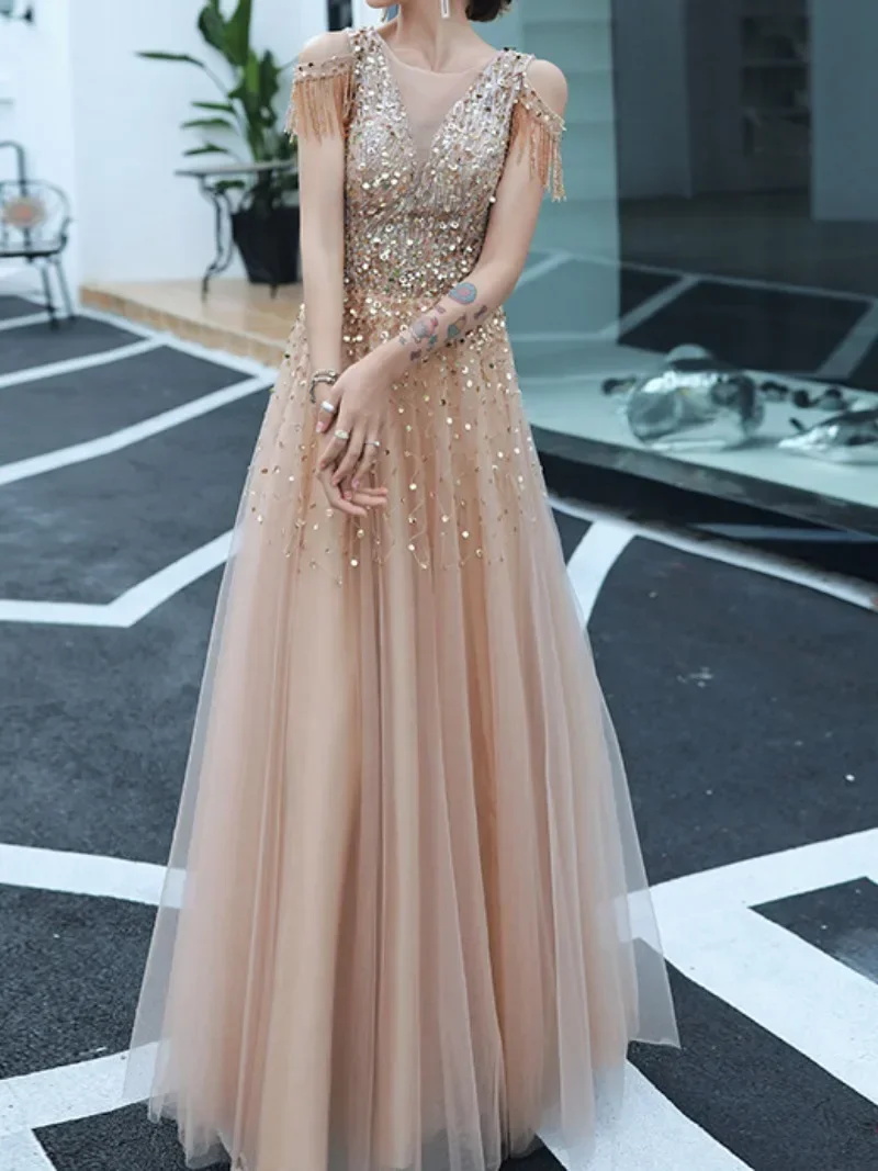 CustomizedTemperament Deep V-neck Evening Dresses Simple Tassel Off The Shoulder Slim Waist Celebrity Dress Elegant A-line Vesti