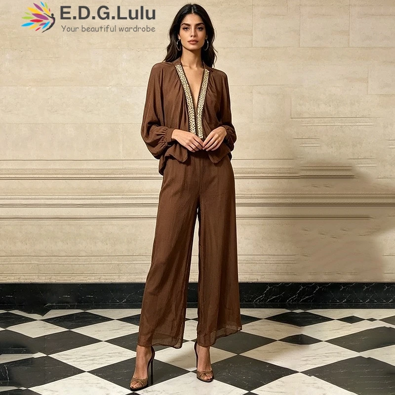 EDGLuLu Summer New Women's Diamond Studded V-Neck Lantern Sleeve Cardigan+High Waisted Wide Leg Pants Suit 0704