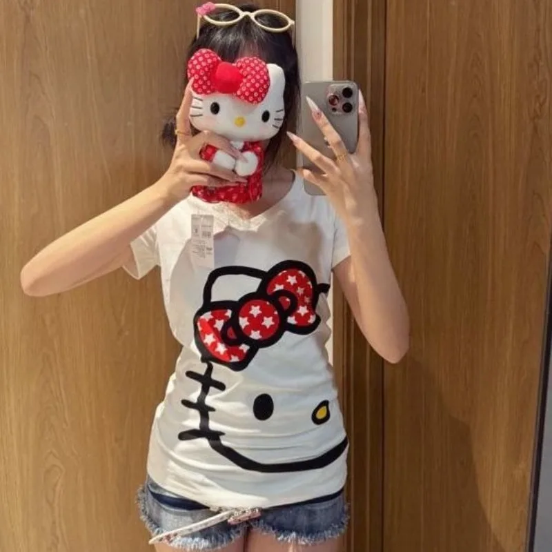 

New Sanrio HelloKitty Short Sleeve Kawaii Cartoon Anime Printed Accessories Casual T-shirt for Girls Summer V-neck Sexy Top