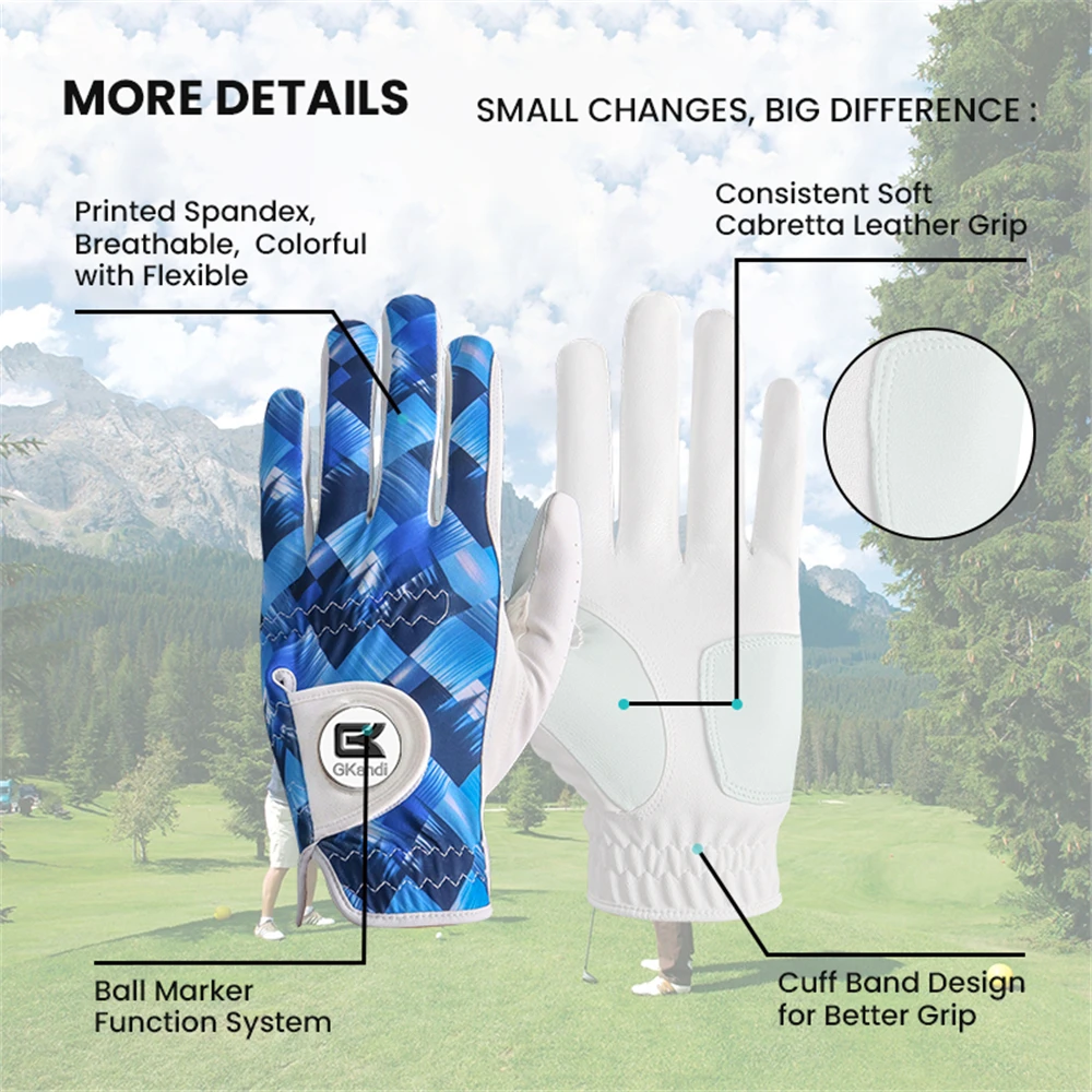 Golf Gloves Men Left Hand for Right Handed Golfer with Ball Marker Blue 1 Pack, Mens Leather Golf Glove All Weather Grip