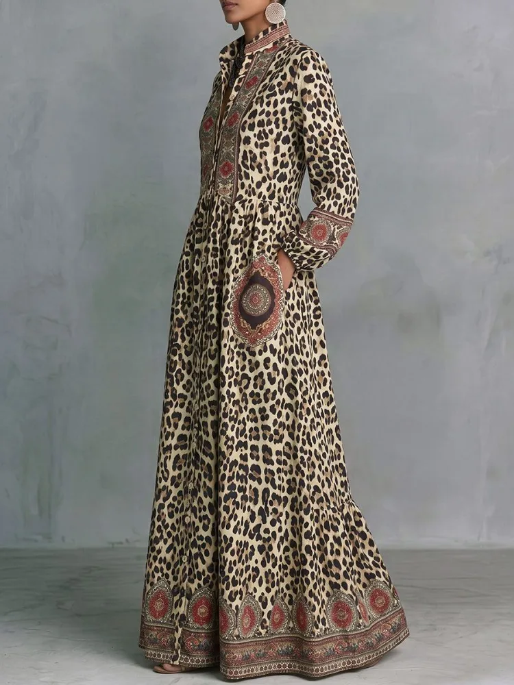 UOOZEE 2026 Vintage Ethnisch Bedrucktes Leoparden-Maxikleid für Damen mit Langen Ärmeln, Hoher Taille, Elegantem Abendstil und Stehkragen – Detail 6
