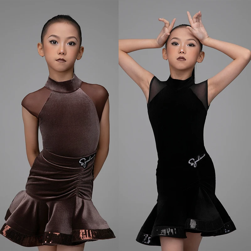 Girls Latin Dance Clothes Velvet Sequin Competition Dresses Kids Cha Cha Rumba Samba Dance Dress Performance Clothing DNV22067