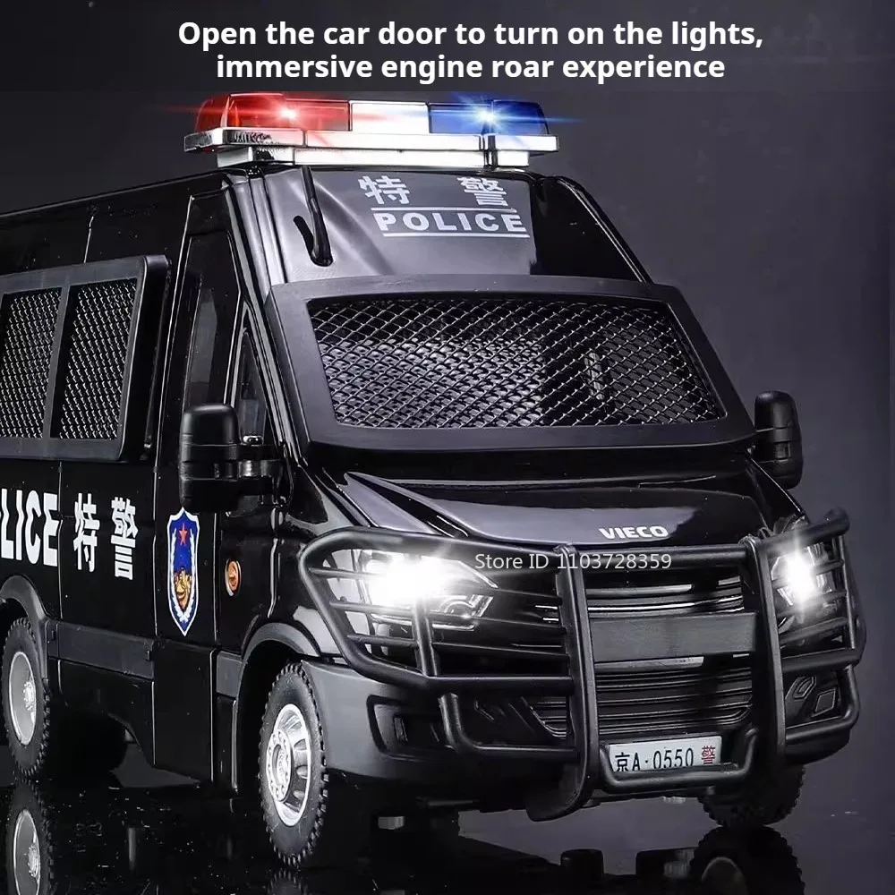 1:24 modelo spinosaurus brinquedo carros de polícia metal diecast som luz portas abertas puxar para trás simulação veículos off-road para meninos