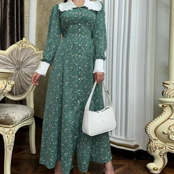 2024 Elegant Modest Muslim Party Dress Green Turkish Malay Dubai Long Abaya Dresses Floral Printed LR787