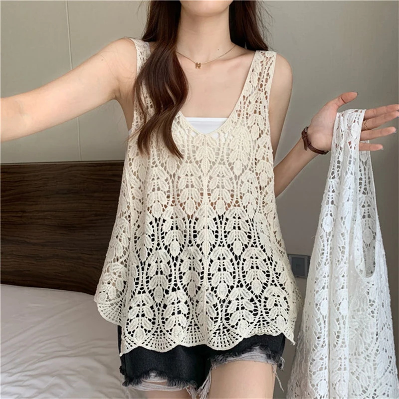 Embroidery Hollow Crochet Tank Women Knitted Bohemian White Fashion Vacation Casual Loose Vest Sexy Chic Irregular Female Tops