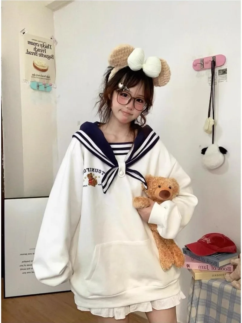 Autumn Navy Collar Multi-color Cute Cartoon Bear Print Long-sleeved Sweater Women