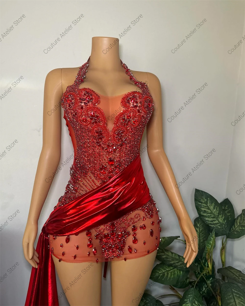 Vestido de fiesta rojo 2024 con tren Halter cristales cuentas de diamantes de imitación fiesta de cumpleaños cóctel africano vestidos de fiesta personalizados