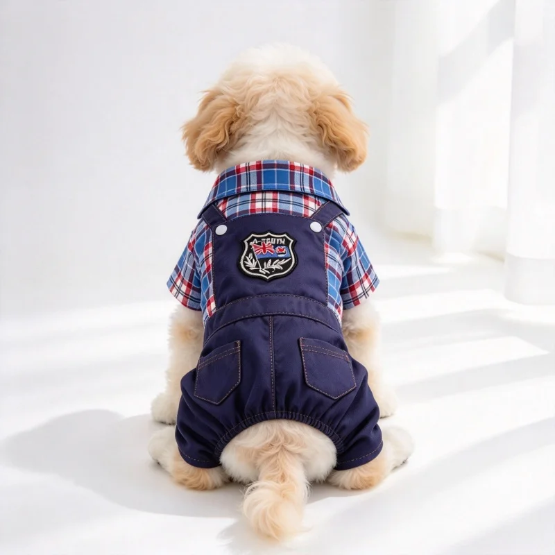 Plaid Short Sleeve Pet Jumpsuit Shirt Dog Cat Clothes Spring Summer Breathable Overalls  Small Medium Dog Costume Outfit