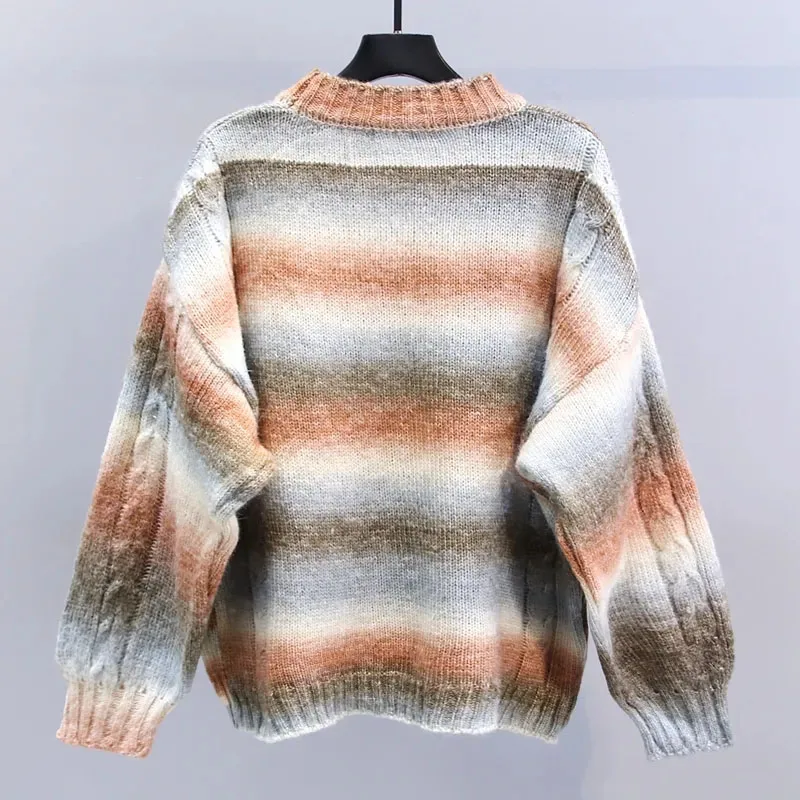 2023 New Gradient Sweater Pullovers Women Cartoon O Neck Knitted Jumper Female Tops High-Quality Soft Knitwear Autumn