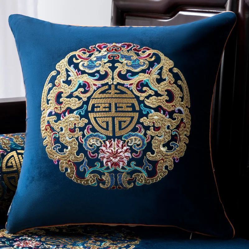 New Chinese Cushion Cover Modern Simple Velvet Sofa Living Room Embroidered Pillowcase Home Decoration Rectangular Waist Pillow