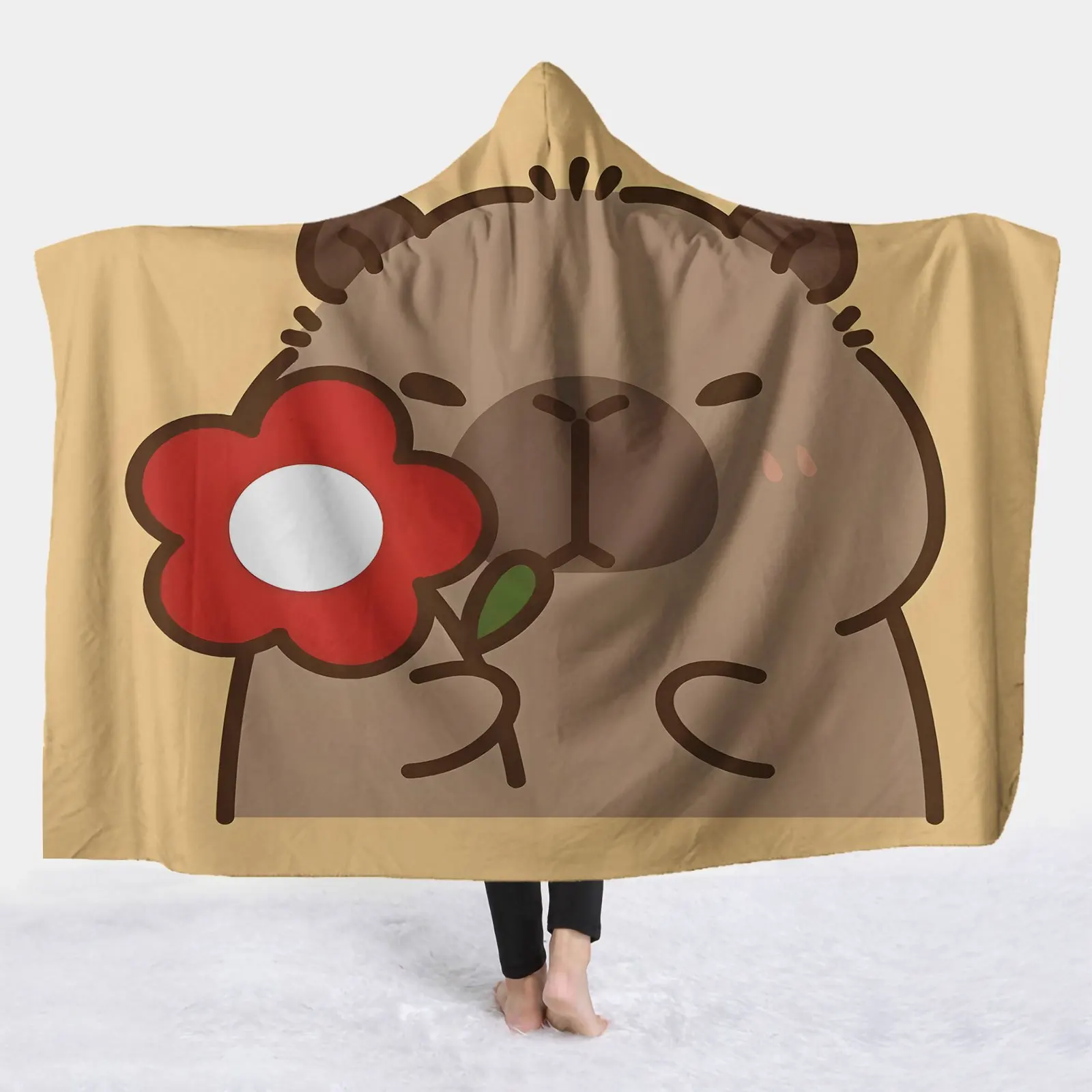 1pc Capybara Smelling Flowers Pattern Hooded Blanket - Soft White Warm Wearable Blanket, Digital Printing - Suitable for Sofa
