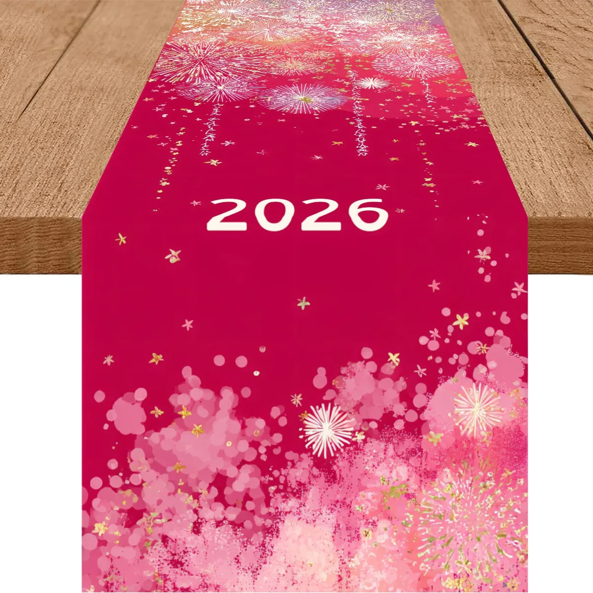 1 قطعة السنة الجديدة 2026 مفرش طاولة من الكتان للألعاب النارية باللون الذهبي الوردي ، تصميم مسطح ثنائي الأبعاد ، جاهز للعام الجديد ، مثالي لطاولة الطعام/المطبخ #1