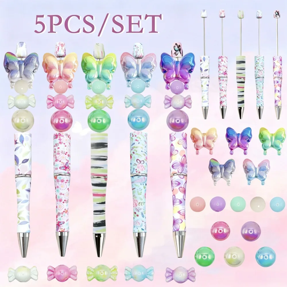 DIY Beaded Pen Butterfly Candy Shape Handmade Assembled Ballpoint Pen Creative Cartoon Colorful Beaded Retractable Pen Student O