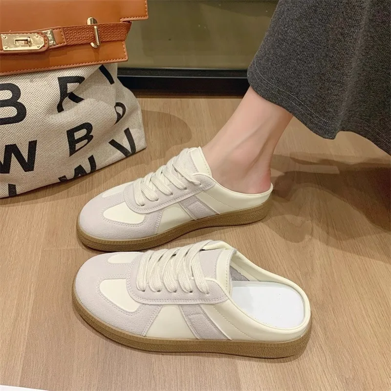 Zapatillas clásicas para mujer, zapatillas Baotou informales con punta redonda, suela gruesa, medias zapatillas sin cordones para verano, zapatos de entrenamiento plateados