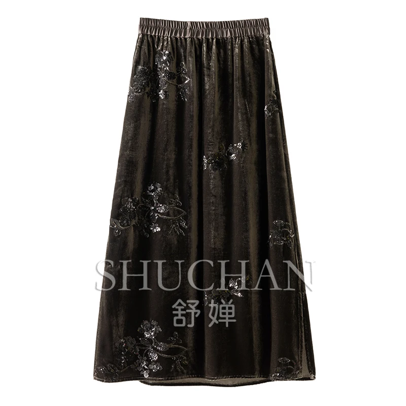 Luxury Embroidered Silk Velvet A-shaped Skirt Women Long 2024 New Autumn Winter Skirts for Women