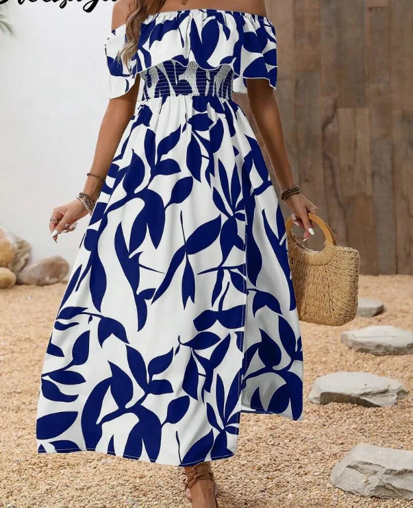 Trois sœurs vêtements pour femmes 2025 été nouveau Sexy coupe ajustée imprimé épaules dénudées taille moyenne sans manches soutien-gorge longue robe élégante