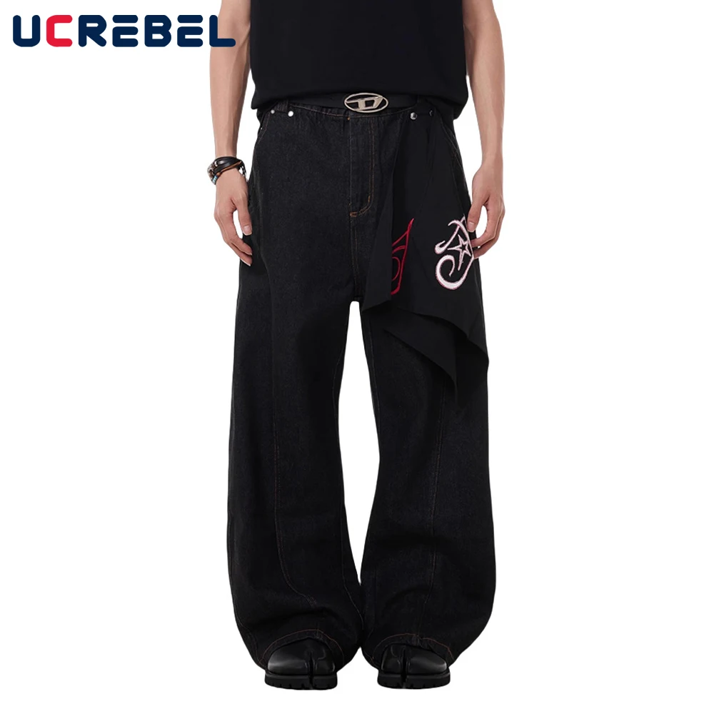Letter Embroidery Jeans Mens Removable Bandana Hip Hop High Street Loose Wide Leg Denim Banana Jeans Men